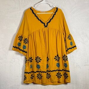 Soft Surroundings Petite Large Yellow Floral Embroidered Cotton Linen Dress
